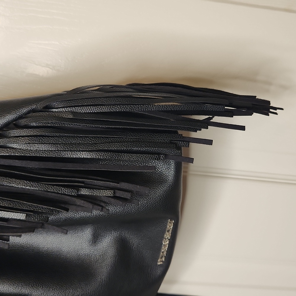 Victoria Secret Black Faux Leather Boho Fringe Backpack Shoulder Bucket Tote Bag - Picture 3 of 12